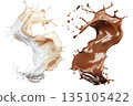 Cream and chocolate collide in a vivid display, forming smooth abstract shapes. 135105422