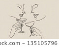 極簡線畫，描繪了兩個人舉杯祝酒和他們的酒杯。 135105796