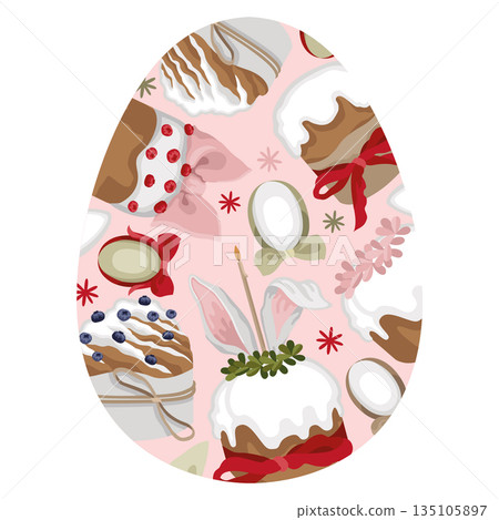 Hand-drawn spring Easter egg shape greeting card with Easter cakes and dyed eggs, bows and candle and bunny ears decoration 135105897