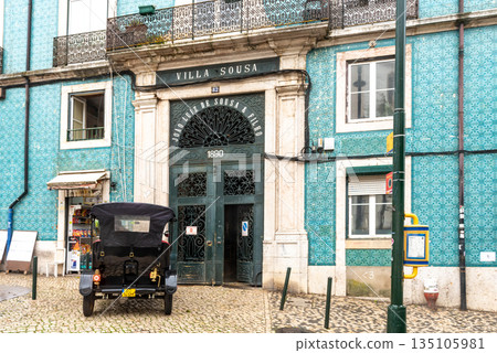Villa Sousa, historic azulejo tile facade With Tuk Tuk in Lisbon Villa Sousa, historic azulejo tile facade With Tuk Tuk in Lisbon 135105981