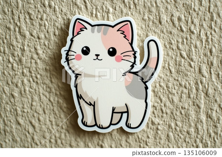Cute hand-drawn cat sticker featuring playful design on light background Cute hand-drawn cat sticker featuring playful design on light background 135106009