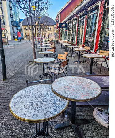 Empty Outdoor Cafe Seating in Reykjavik, Iceland Empty Outdoor Cafe Seating in Reykjavik, Iceland 135106069