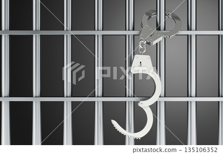 Handcuffs hanging on prison bars, arrest and incarceration concept. 3D rendering Handcuffs hanging on prison bars, arrest and incarceration concept. 3D rendering 135106352