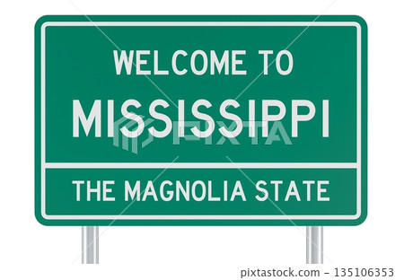 Welcome to Mississippi, green road sign. 3D rendering Welcome to Mississippi, green road sign. 3D rendering 135106353