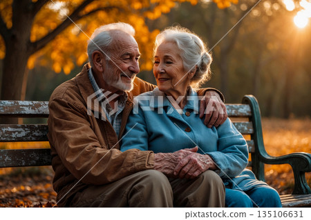 Married couple old woman and man walk autumn park, family on background falling leaves AI Generative 135106631