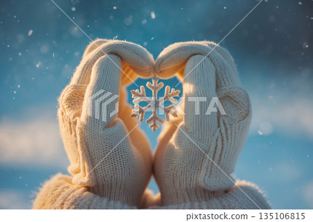 Woman holding snowflake in her hands in gloves mittens. Christmas New Year Winter Card AI-Generated 135106815