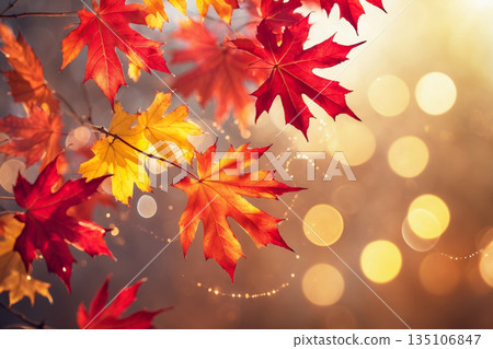 Autumn atmosphere background with yellow and red leaves, leaf fall in forest park AI Generative 135106847