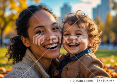 Portrait family with children on background of red and yellow leaf fall in park forest AI Generative Portrait family with children on background of red and yellow leaf fall in park forest AI Generative 135106867