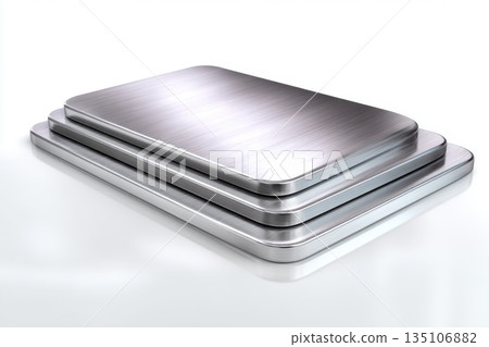 Professional kitchen product concept with stacked stainless steel boards, perfect for clean branding and mockup use. 135106882