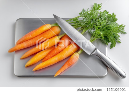 Professional kitchen product concept with stacked stainless steel boards, perfect for clean branding and mockup use. Professional kitchen product concept with stacked stainless steel boards, perfect for clean branding and mockup use. 135106901