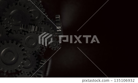 Dark Industrial Metal Gears Concept for Engineering Technology and Mechanical Systems 3d render. Dark Industrial Metal Gears Concept for Engineering Technology and Mechanical Systems 3d render. 135106932