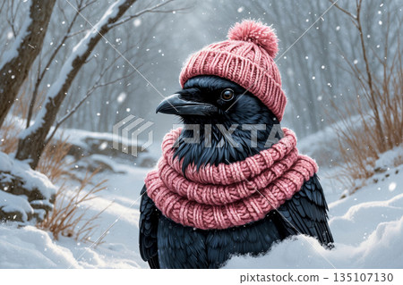 Crow portrait in knitted winter clothes hat and scarf, animal in snowfall in winter AI Generative 135107130