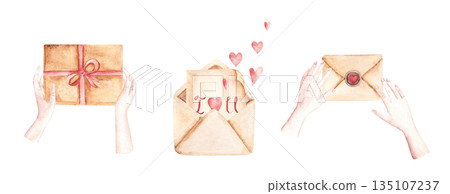 Valentines Day watercolor set. Hands holding gift and love letters. Hand drawn romantic illustration for card, surprise, proposal, wedding stationery and heartfelt message design. Valentines Day watercolor set. Hands holding gift and love letters. Hand drawn romantic illustration for card, surprise, proposal, wedding stationery and heartfelt message design. 135107237