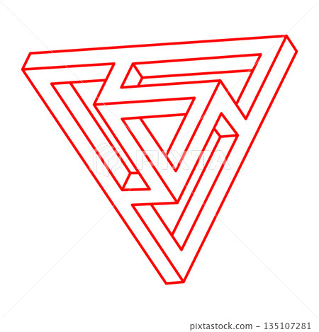 Impossible shapes. Sacred geometry figures. Optical illusion. Abstract eternal geometric objects. Impossible endless outline triangle. Optical art. Impossible geometry shape on a white background. 135107281