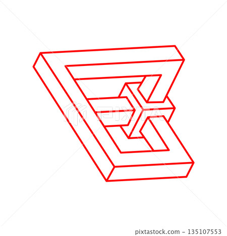 Impossible shapes. Sacred geometry. Optical illusion figure. Abstract eternal geometric objects. Optical art. Impossible geometry shape on a white background. Line art. Escher paradox. 135107553