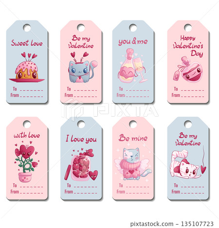 A set of cute gift tags for printing for Valentine's Day, for discounts and sales. Smiling characters, cats, a cake, a love plant. Vector illustration for posters, banners, advertisements, flyers 135107723