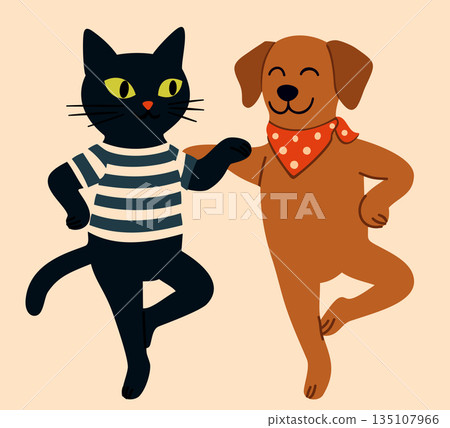 Pet shop advertisement. Black cat and brown dog dancing. Vector illustration 135107966