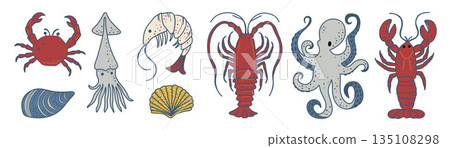 Italian Coastal Seafood Illustration Set 135108298