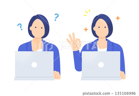 Checking and completing tasks. A woman working on a computer. Illustration of a "thinking face" and an "OK sign." Checking and completing tasks. A woman working on a computer. Illustration of a "thinking face" and an "OK sign." 135108996
