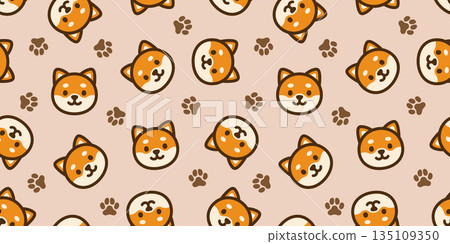 Seamless background image of cute Shiba Inu and dog footprints. 135109350