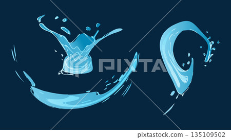 Dynamic liquid water splash with falling droplet, crashing sea wave and swirling eddies. For advertising web design or marketing visuals. Vector illustration. Dynamic liquid water splash with falling droplet, crashing sea wave and swirling eddies. For advertising web design or marketing visuals. Vector illustration. 135109502