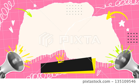 Pop Art Collage Frame with Megaphones, Speech Bubble Shapes, Doodles Scribbles Arrows Swirls on Pink Grid Background. Creative Social Media Banner, Poster Template Copy Space. Vector Illustration Pop Art Collage Frame with Megaphones, Speech Bubble Shapes, Doodles Scribbles Arrows Swirls on Pink Grid Background. Creative Social Media Banner, Poster Template Copy Space. Vector Illustration 135109546