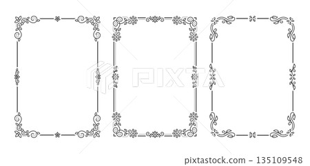 Vintage Line Art Luxury Ornamental Border Frame Set Curls Corner Floral Ornament. Elegant Decorative Ornate Rectangular Vertical Frames for Certificate, Wedding, Invitation Card. Vector Illustration 135109548