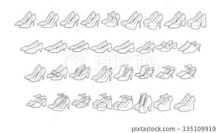 High heel pairs shoe women sketch collection. Pump stiletto Mary Jane platform, sandal wedge mule outlined. Technical 135109919