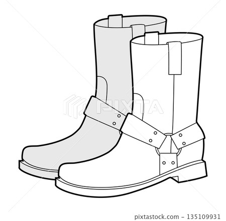 Harness western boot women sketch pair. Strap detail ankle boot for edgy country inspired city outfit. Technical fashion Harness western boot women sketch pair. Strap detail ankle boot for edgy country inspired city outfit. Technical fashion 135109931