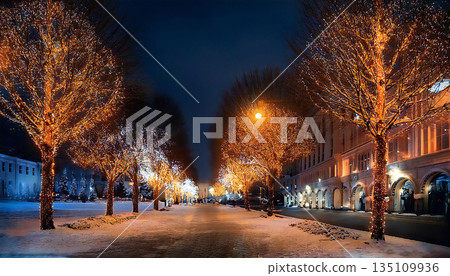 Christmas illuminations, streetscape with trees 135109936
