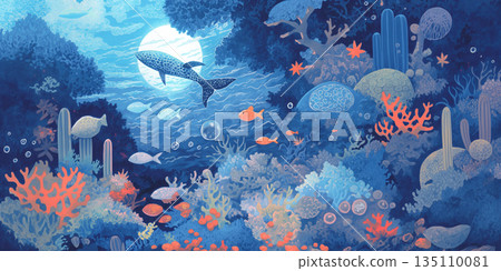 浪漫的滿月大海和波光粼粼的海浪。療癒系夢幻夜景插畫集。大海、月亮、夜晚、海浪、滿月、夢幻。 浪漫的滿月大海和波光粼粼的海浪。療癒系夢幻夜景插畫集。大海、月亮、夜晚、海浪、滿月、夢幻。 135110081