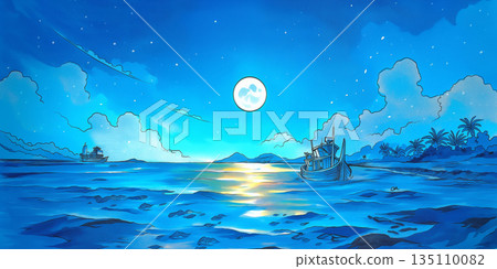 浪漫的滿月大海和波光粼粼的海浪。療癒系夢幻夜景插畫集。大海、月亮、夜晚、海浪、滿月、夢幻。 135110082