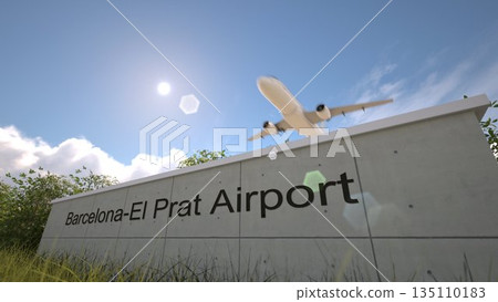 Outgoing flight concept at Barcelona El Prat Airport terminal sign with jet takeoff, Barcelona, Spain 3D rendering Outgoing flight concept at Barcelona El Prat Airport terminal sign with jet takeoff, Barcelona, Spain 3D rendering 135110183