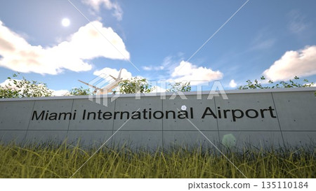 Arrivals at Miami International Airport with airplane landing near terminal, Miami, United States 3D rendering Arrivals at Miami International Airport with airplane landing near terminal, Miami, United States 3D rendering 135110184