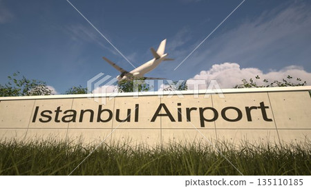 Arrivals at Istanbul Airport with airplane landing near terminal, Istanbul, Turkey 3D rendering 135110185