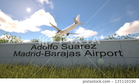 Arrivals at Adolfo Suarez Madrid Barajas Airport with airplane landing near terminal, Madrid, Spain 3D rendering Arrivals at Adolfo Suarez Madrid Barajas Airport with airplane landing near terminal, Madrid, Spain 3D rendering 135110190