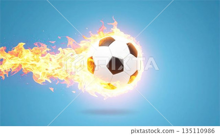 足球燃燒著疾馳的3D插圖。動感十足，極具衝擊力，可作為運動背景素材。 135110986