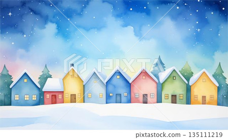 冬日景色：一幅色彩斑斕的城市景觀水彩畫，繁星點點，白雪皚皚。 135111219