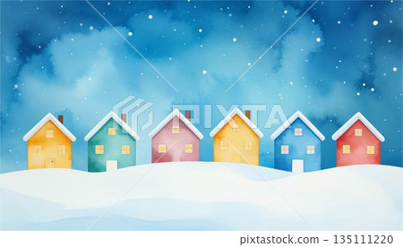 冬日景色：一幅色彩斑斕的城市景觀水彩畫，繁星點點，白雪皚皚。 135111220