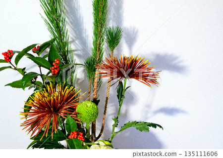 插在花瓶裡的松花、菊花、千兩等賀年花 插在花瓶裡的松花、菊花、千兩等賀年花 135111606