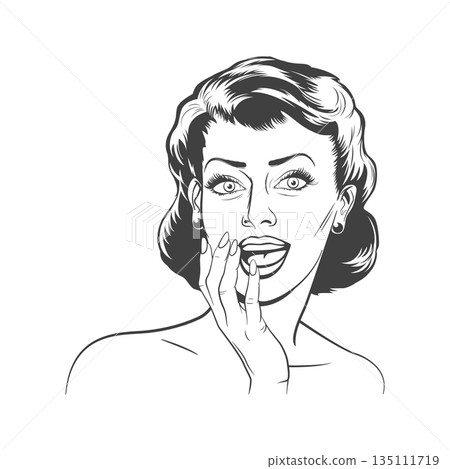 Vintage Comic Style Surprised Woman Face Line Art, Vector Illustration. Retro Pop Art Female Portrait with Hand on Mouth. Black and White Expression Illustration for Sticker, Poster,nd T-Shirt Design 135111719