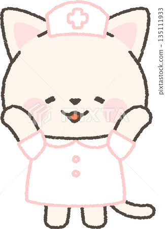 A white cat nurse happily raising both hands A white cat nurse happily raising both hands 135111933