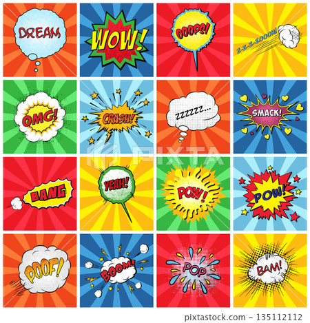 Pop Art Comic Speech Bubbles and Sound Effects Set with Colorful Halftone Backgrounds, Vector Illustration. Retro Cartoon Wow Bang Pow Boom Expressions Collection for Stickers, Posters, Social Media 135112112