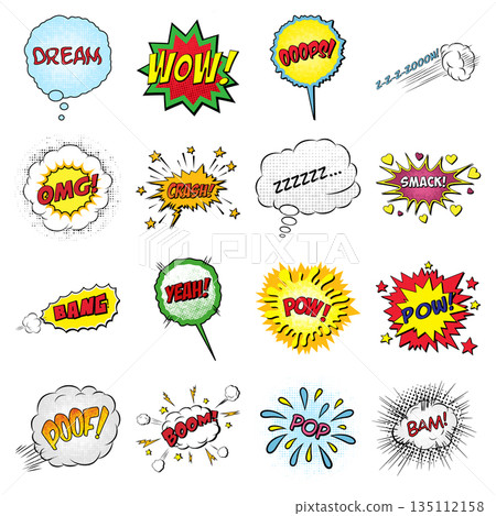 Vector Pop Art Comic Speech Bubbles Set with Colorful Halftone Shapes and Cartoon Sound Effects for Posters, Social Media, Branding, Prints and Packaging 135112158