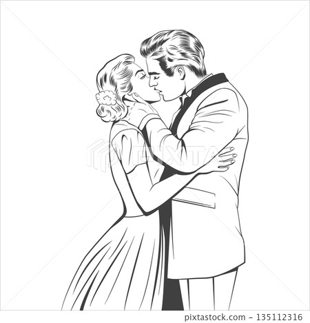 Romantic Couple Dancing and Kissing Line Art Illustration. Elegant Bride and Groom First Dance Sketch. Wedding Love Outline Drawing for Invitations, Cards, Posters, Decor, Branding 135112316