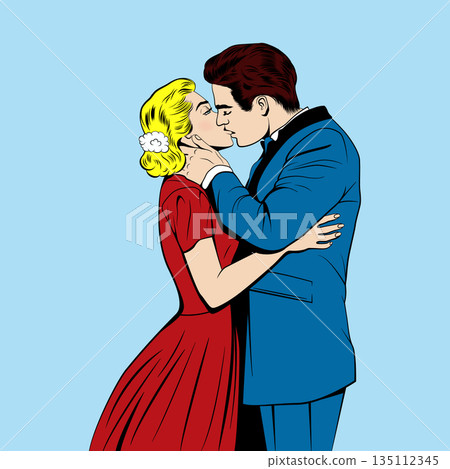 Vector Retro Pop Art Kissing Couple Illustration. Romantic Lovers Embrace Comic Style Man and Woman Kiss. Vintage Love Scene in Color. Classic Romance Artwork for Valentine, Wedding, Cards, Posters 135112345