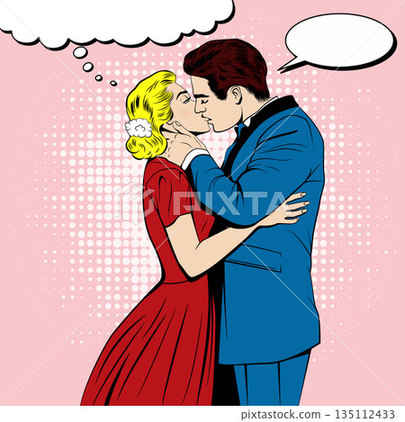 Vector Retro Pop Art Kissing Couple with Speech Bubble. Romantic Man and Woman Kiss in Comic Style. Vintage Love Scene on Pink Halftone Background, Valentine Romance Illustration for Cards Posters 135112433