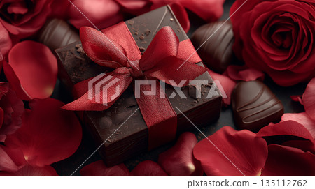 情人節禮物：精美巧克力和玫瑰花，飾以紅色絲帶 135112762