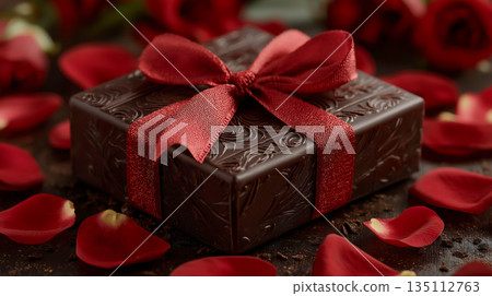 情人節禮物:精美巧克力和玫瑰花,飾以紅色絲帶 情人節禮物:精美巧克力和玫瑰花,飾以紅色絲帶 135112763