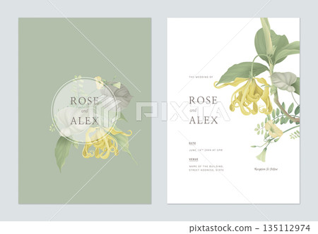 Floral wedding invitation card template design, cananga odorata flowers with various leaves on green and white Floral wedding invitation card template design, cananga odorata flowers with various leaves on green and white 135112974